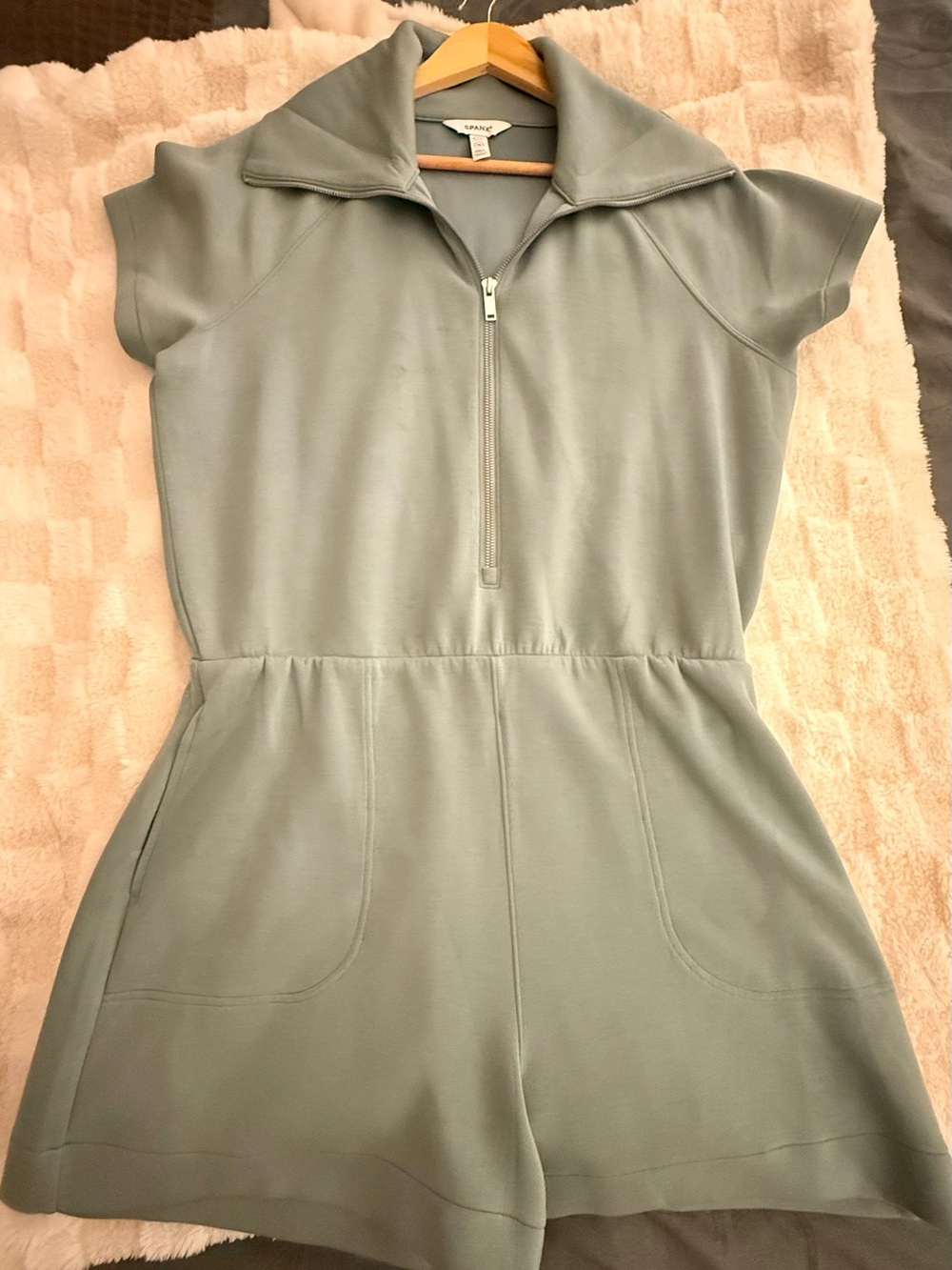 Ladies Short Sleeve Zip Romper in Sage Green